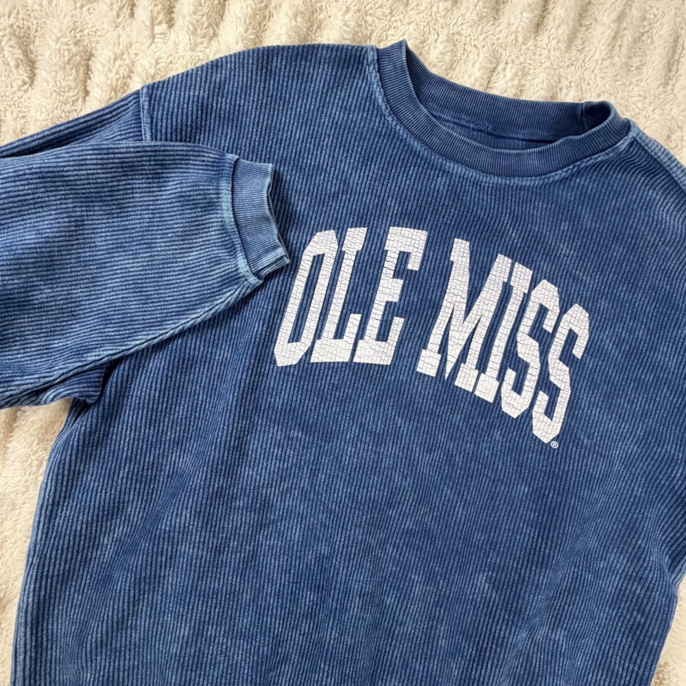 Yesterdays Sportswear Ole Miss Corded Sweatshirt Navy Blue Distressed Large